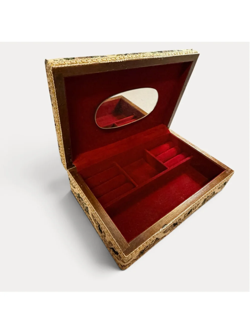 Vintage Floral Tapestry Jewelry Box Red Velvet Interior Mirror Gold Trim